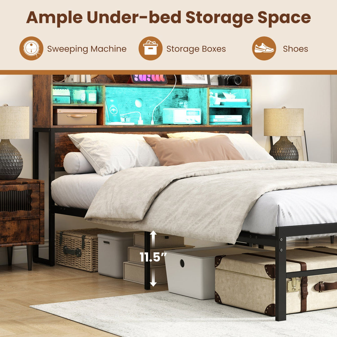 Full Size Bed Frame with Headboard LED Lights and Charging Station