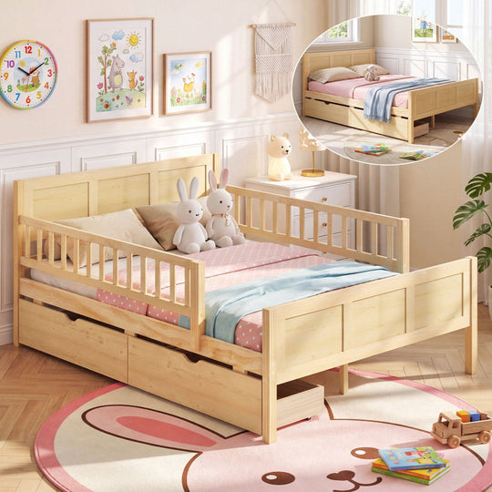 Full Size Bed Frame with Storage Drawers - Natural Pine