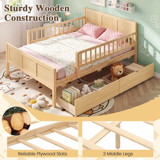 Full Size Bed Frame with Storage Drawers - Natural Pine