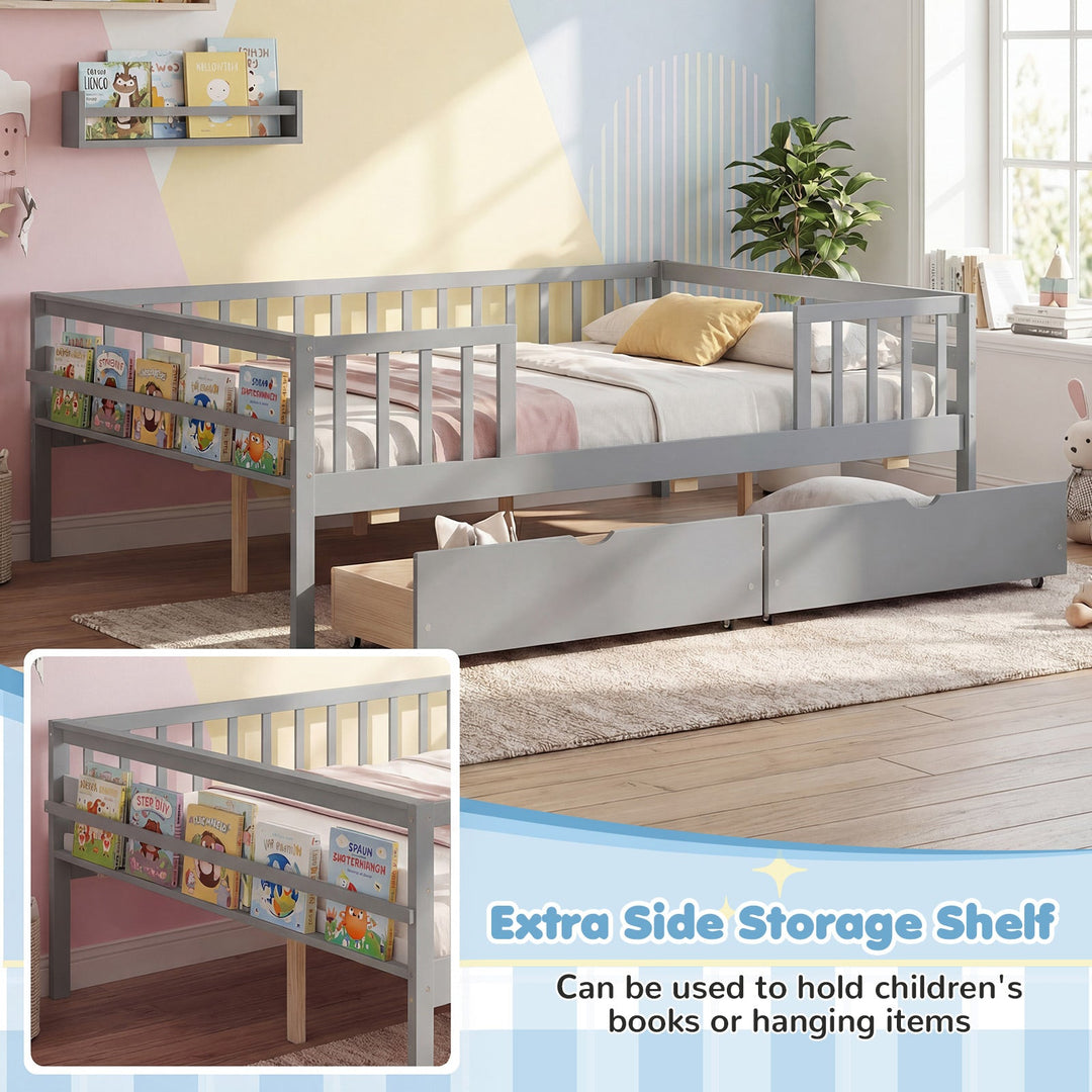 Full Size Daybed with Fence and 2 Drawers for Boys and Girls