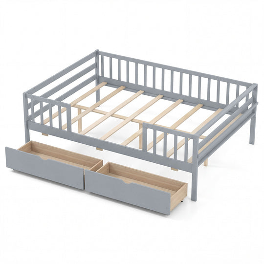 Full Size Daybed with Fence and 2 Drawers for Boys and Girls