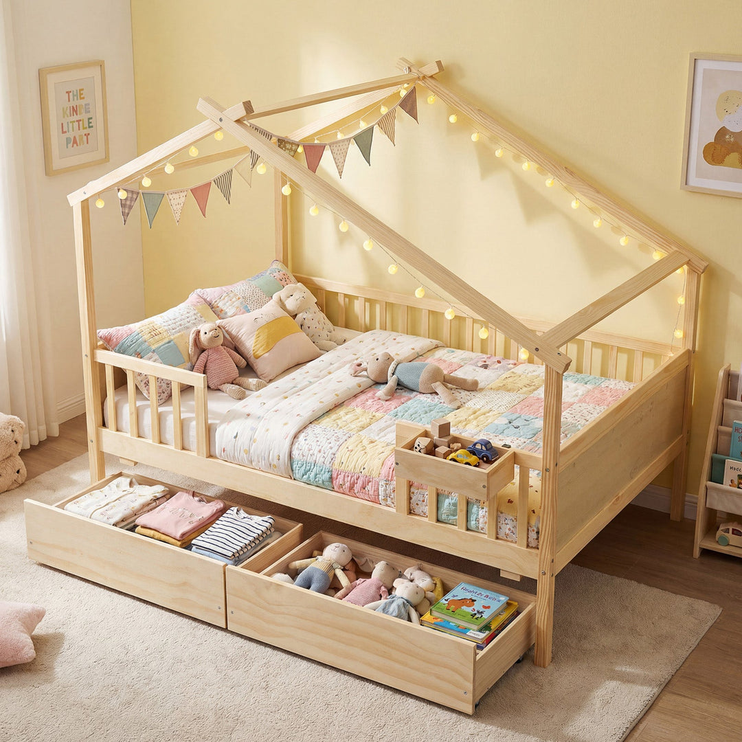 Full Size House Bed with Roof and Fence Rails for Kid