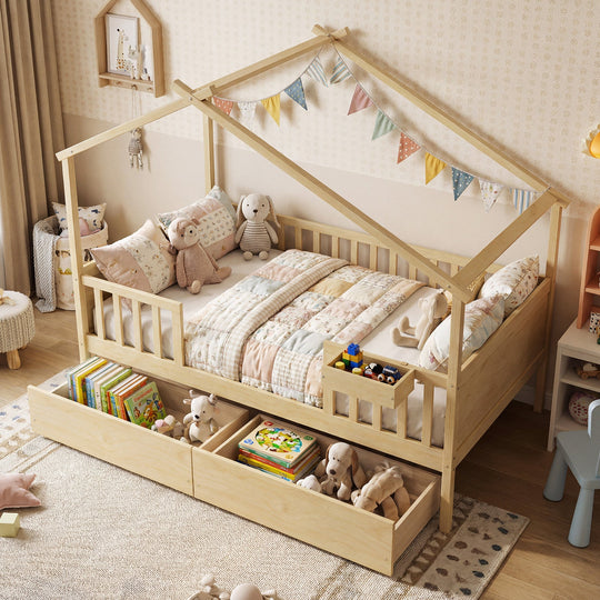 Full Size House Bed with Roof and Fence Rails for Kid
