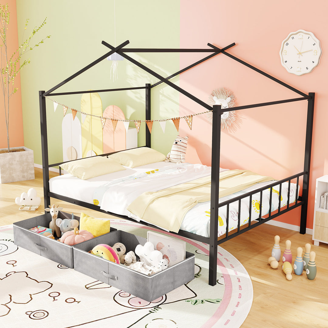 Full Size Metal House Bed with 2 Fabric Drawers for Kids-Black