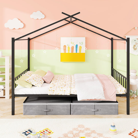 Full Size Metal House Bed with 2 Fabric Drawers for Kids-Black