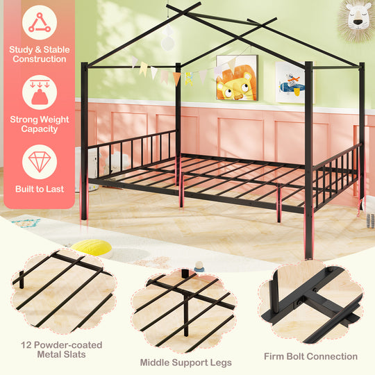 Full Size Metal House Bed with 2 Fabric Drawers for Kids-Black