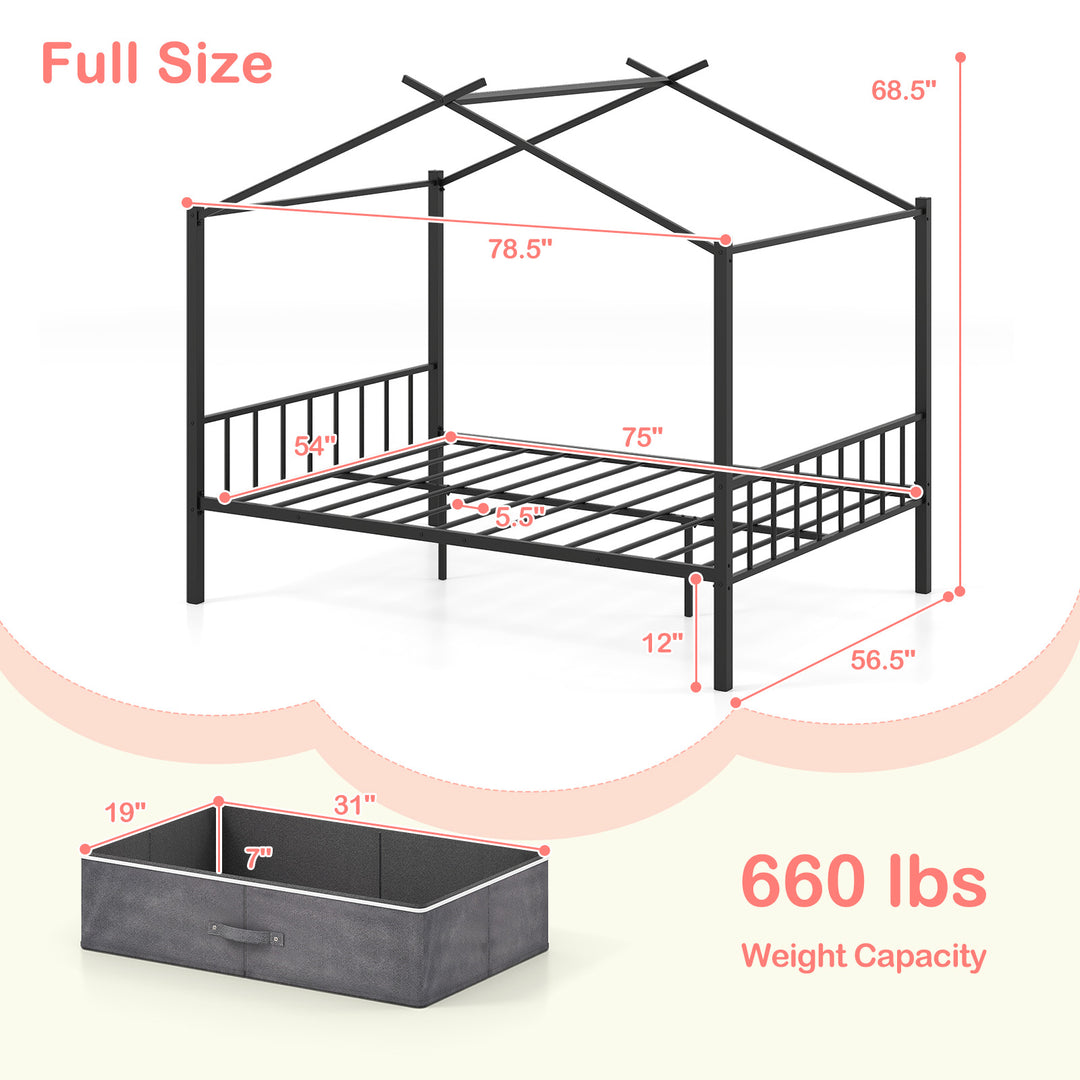 Full Size Metal House Bed with 2 Fabric Drawers for Kids-Black