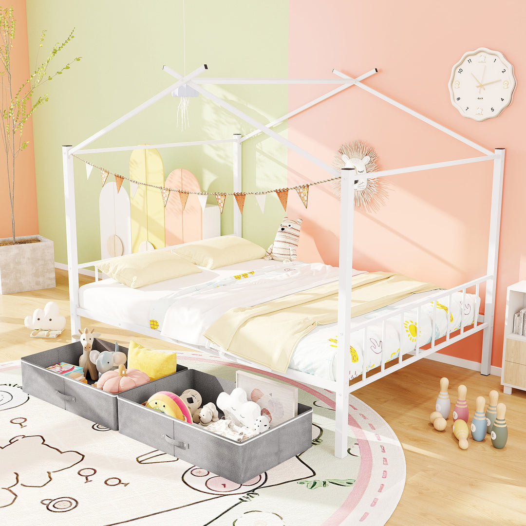 Full Size Metal House Bed with 2 Fabric Drawers for Kids-White