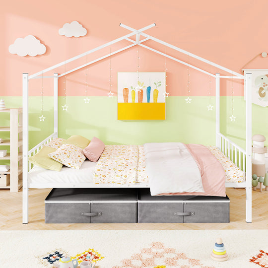 Full Size Metal House Bed with 2 Fabric Drawers for Kids-White