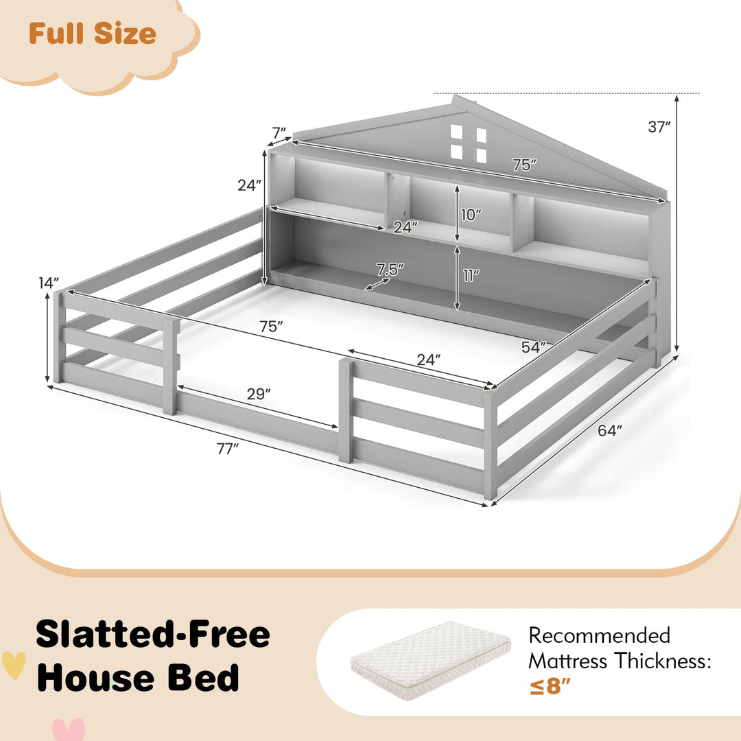 Full Size Montessori Floor Bed with Storage Compartments and Shelf
