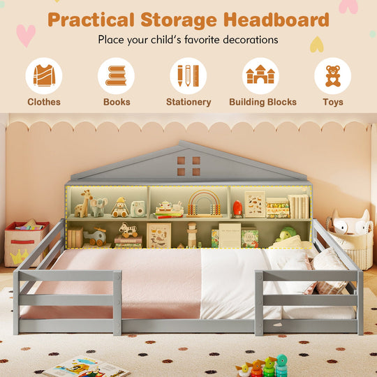 Full Size Montessori Floor Bed with Storage Compartments and Shelf