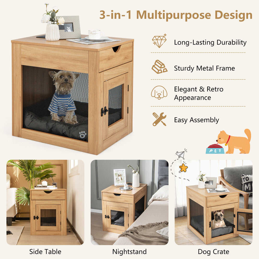Furniture Style Dog Kennel with Drawer and Removable Dog Bed-Natrual