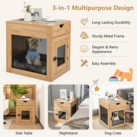 Furniture Style Dog Kennel with Drawer and Removable Dog Bed-Natrual