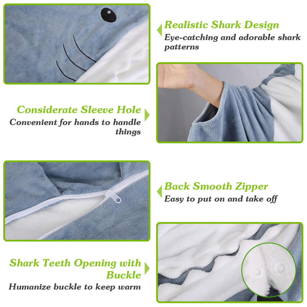 Wearable Shark Sleeping Bag Shark Onesie X-XXL Size Soft Comfortable Flannel Blanket With Zipper Suitable For Adult Children Height 4.2FT to 5.5FT