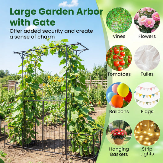 Garden Arbor with Gate and Planter Boxes Heavy Duty Metal Arch with Side Trellis