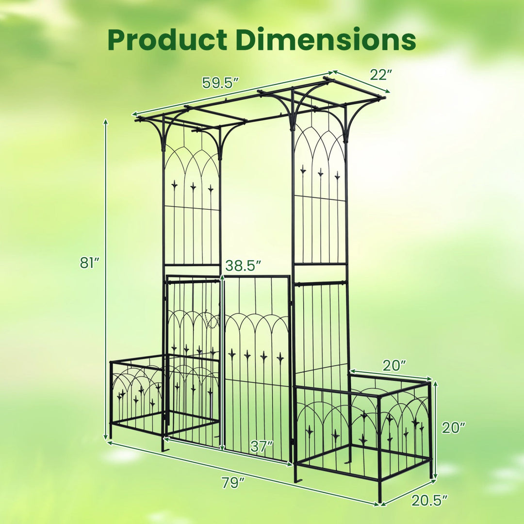 Garden Arbor with Gate and Planter Boxes Heavy Duty Metal Arch with Side Trellis
