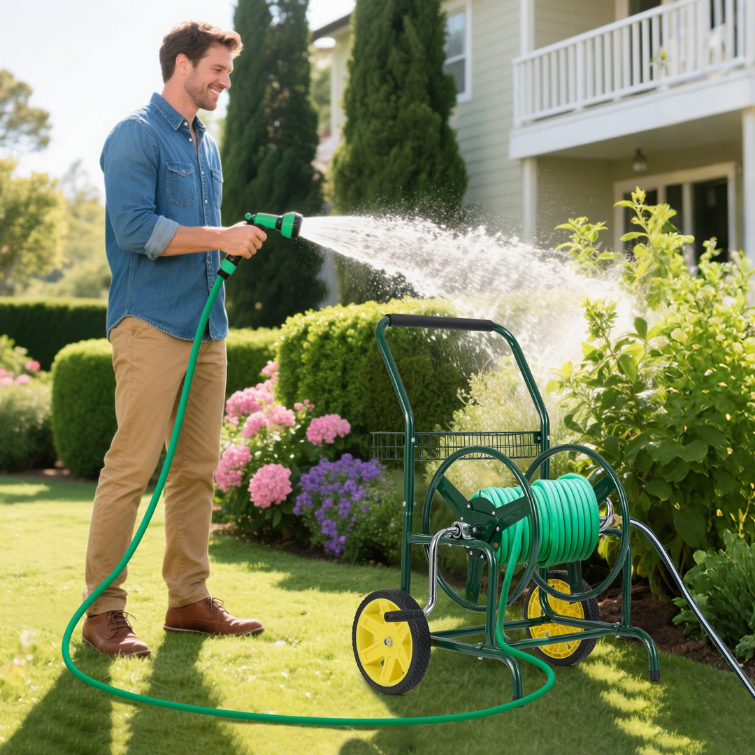 Garden Hose Reel Cart with 2 Wheels and Storage Basket