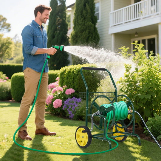 Garden Hose Reel Cart with 2 Wheels and Storage Basket
