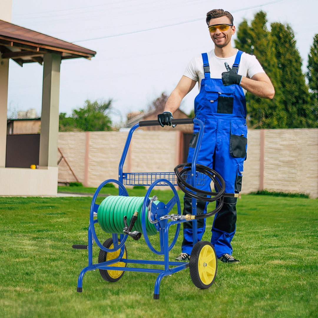 Garden Hose Reel Cart with 2 Wheels and Storage Basket