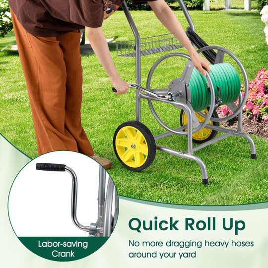 Garden Hose Reel Cart with 2 Wheels and Storage Basket