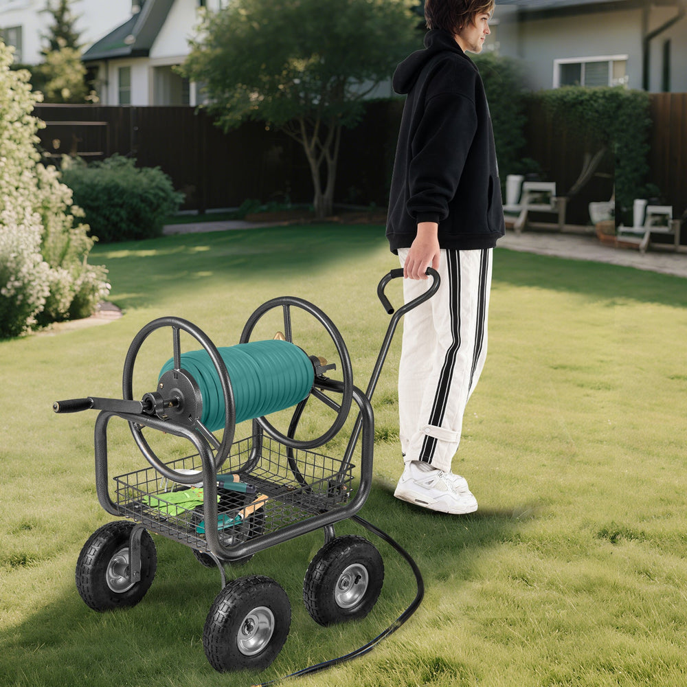 Garden Hose Reel Cart 300 Feet Large Capacity with 4 Wheels and Storage Basket-Gray