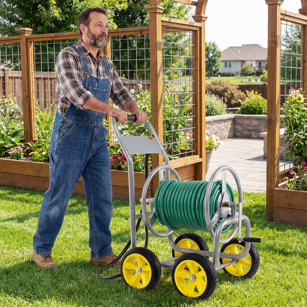 Garden Hose Reel Cart 4 Wheels Heavy-Duty Metal Water Hose Organizer Portable