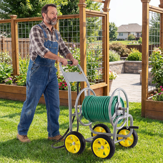 Garden Hose Reel Cart 4 Wheels Heavy-Duty Metal Water Hose Organizer Portable