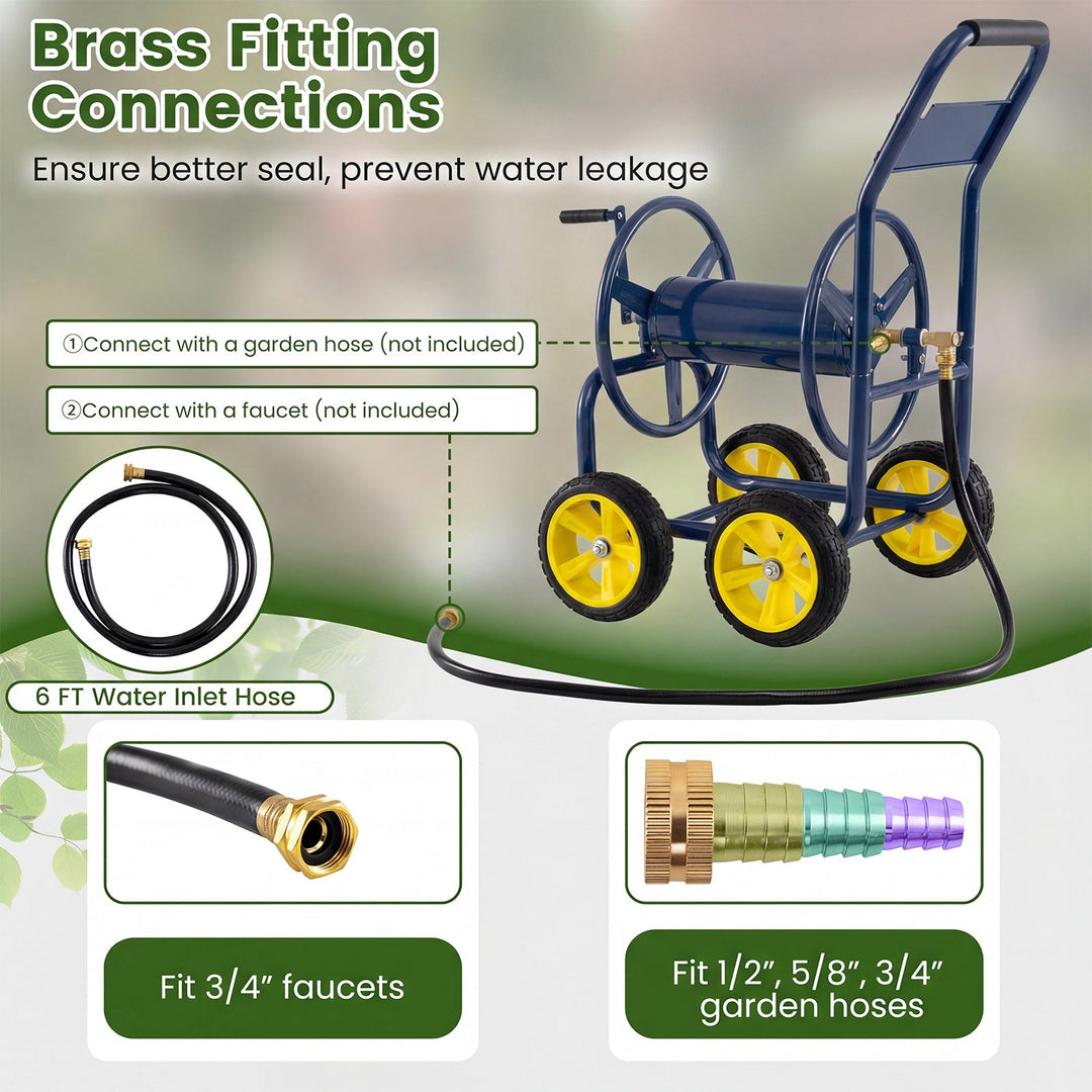 Garden Hose Reel Cart 4 Wheels Heavy-Duty Metal Water Hose Organizer Portable