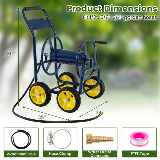 Garden Hose Reel Cart 4 Wheels Heavy-Duty Metal Water Hose Organizer Portable