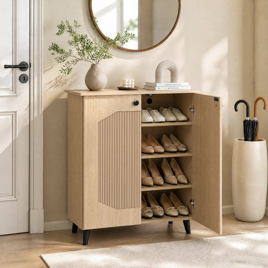 Geometric Shoe Cabinet with Carved Doors - Natural Wood