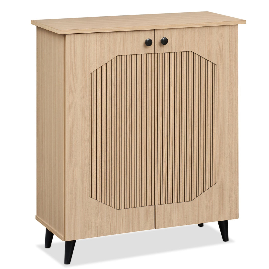 Geometric Shoe Cabinet with Carved Doors - Natural Wood