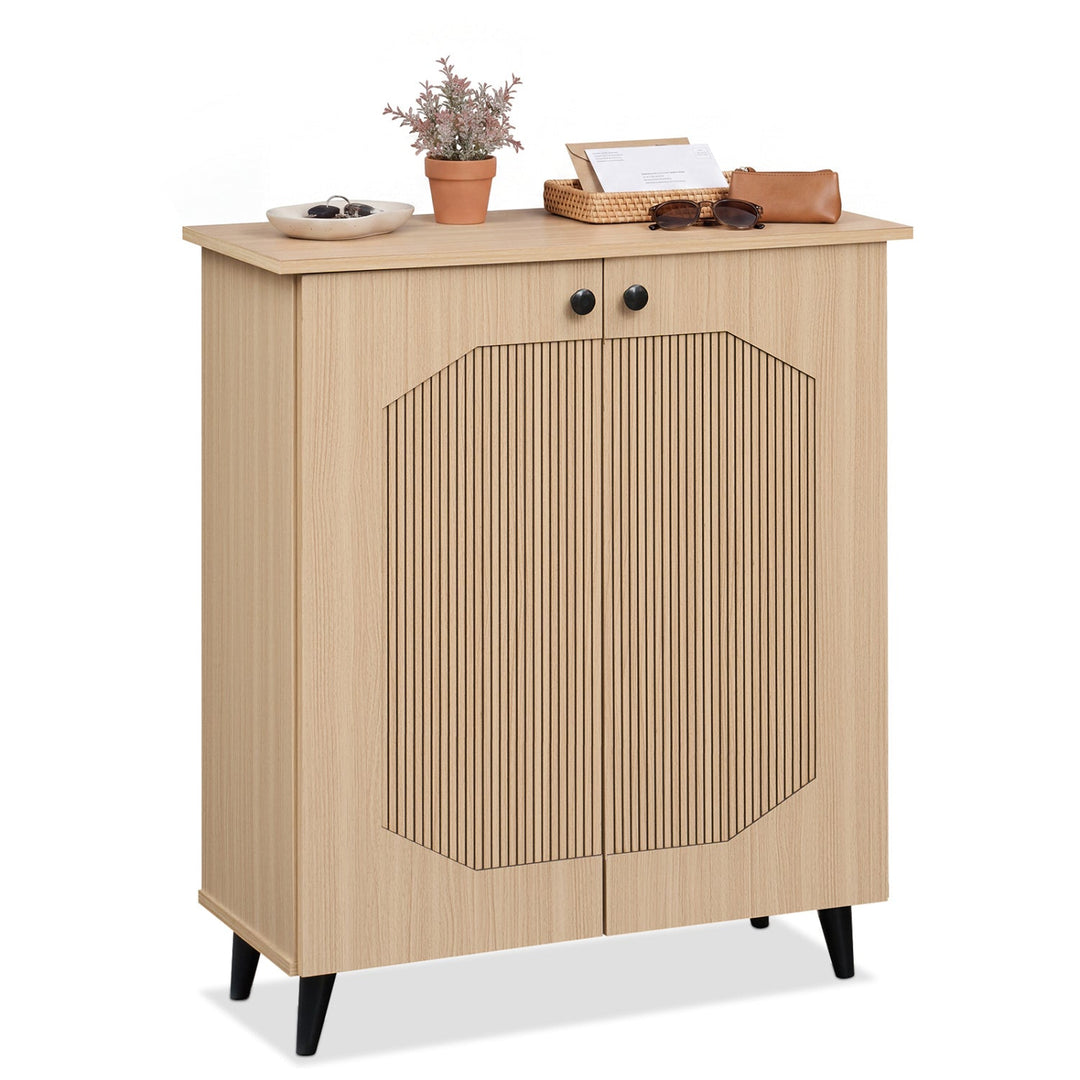 Geometric Shoe Cabinet with Carved Doors - Natural Wood