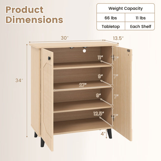 Geometric Shoe Cabinet with Carved Doors - Natural Wood