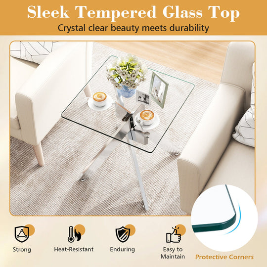 Glass Side Table Square End Table with Tempered Glass Top and Metal X Base-Silver