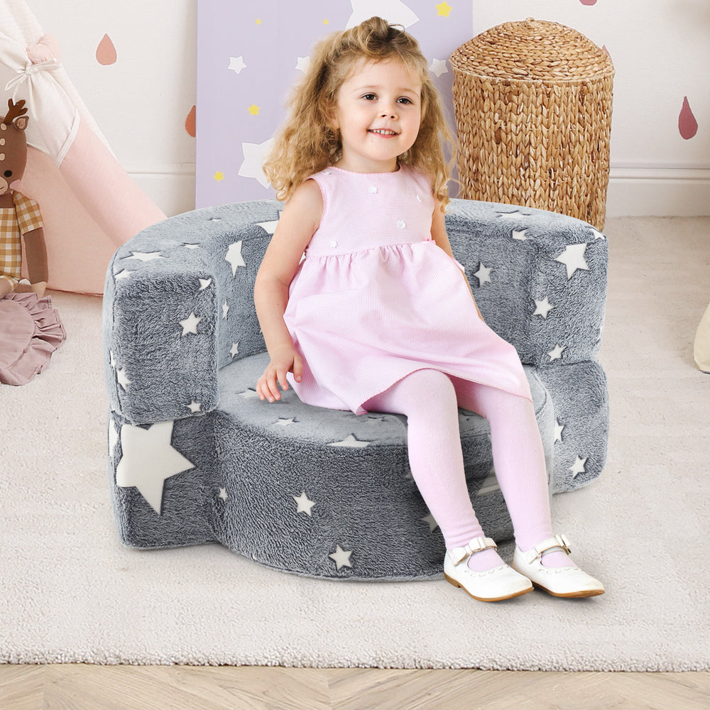 2-in-1 Convertible Glow in the Dark Kids Sofa with Removable Washable Cover-Gray