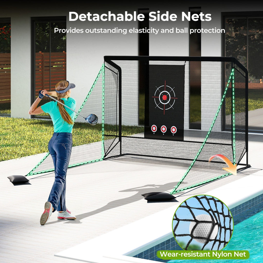 Golf Practice Hitting Net Golf Cage with Dual Side Barriers Target Cloth Metal Frame