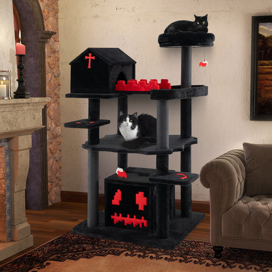 Gothic Cat Tree 49 Inch Tall Cat Tower 6-Tier Cat Activity Center with Coffin Bed-Black