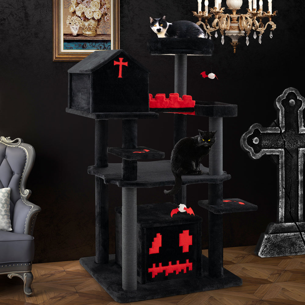 Gothic Cat Tree 49 Inch Tall Cat Tower 6-Tier Cat Activity Center with Coffin Bed-Black