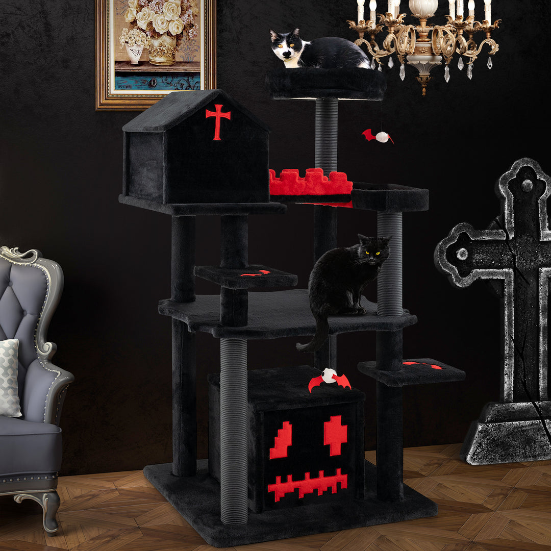 Gothic Cat Tree 49 Inch Tall Cat Tower 6-Tier Cat Activity Center with Coffin Bed-Black