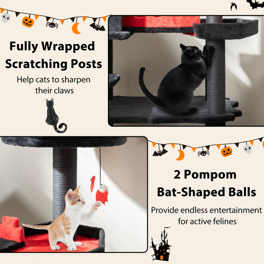 Gothic Cat Tree 49 Inch Tall Cat Tower 6-Tier Cat Activity Center with Coffin Bed-Black