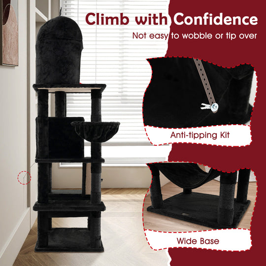 Gothic Cat Tree with 2 Cat Condos and Spooky Dangling Ball for Indoor Cats-Black