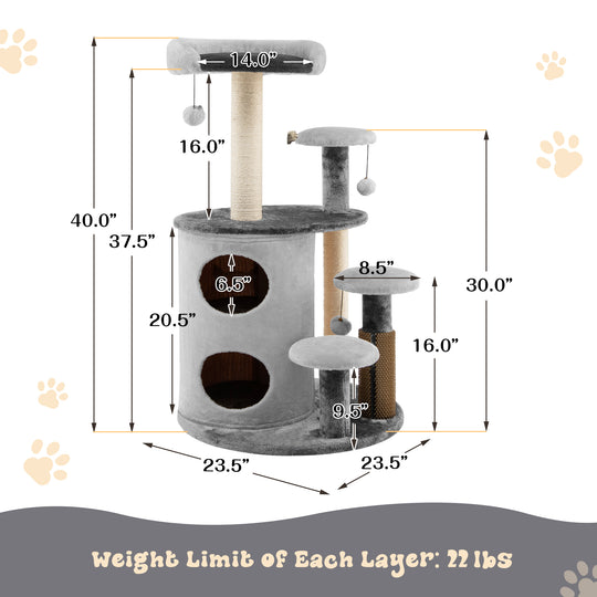 40 Inch Cat Tree Tower Multi-Level Activity Tree with 2-Tier Cat-Hole Condo-Gray