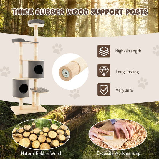 6-Tier Wooden Cat Tree with 2 Removeable Condos Platforms and Perch-Gray