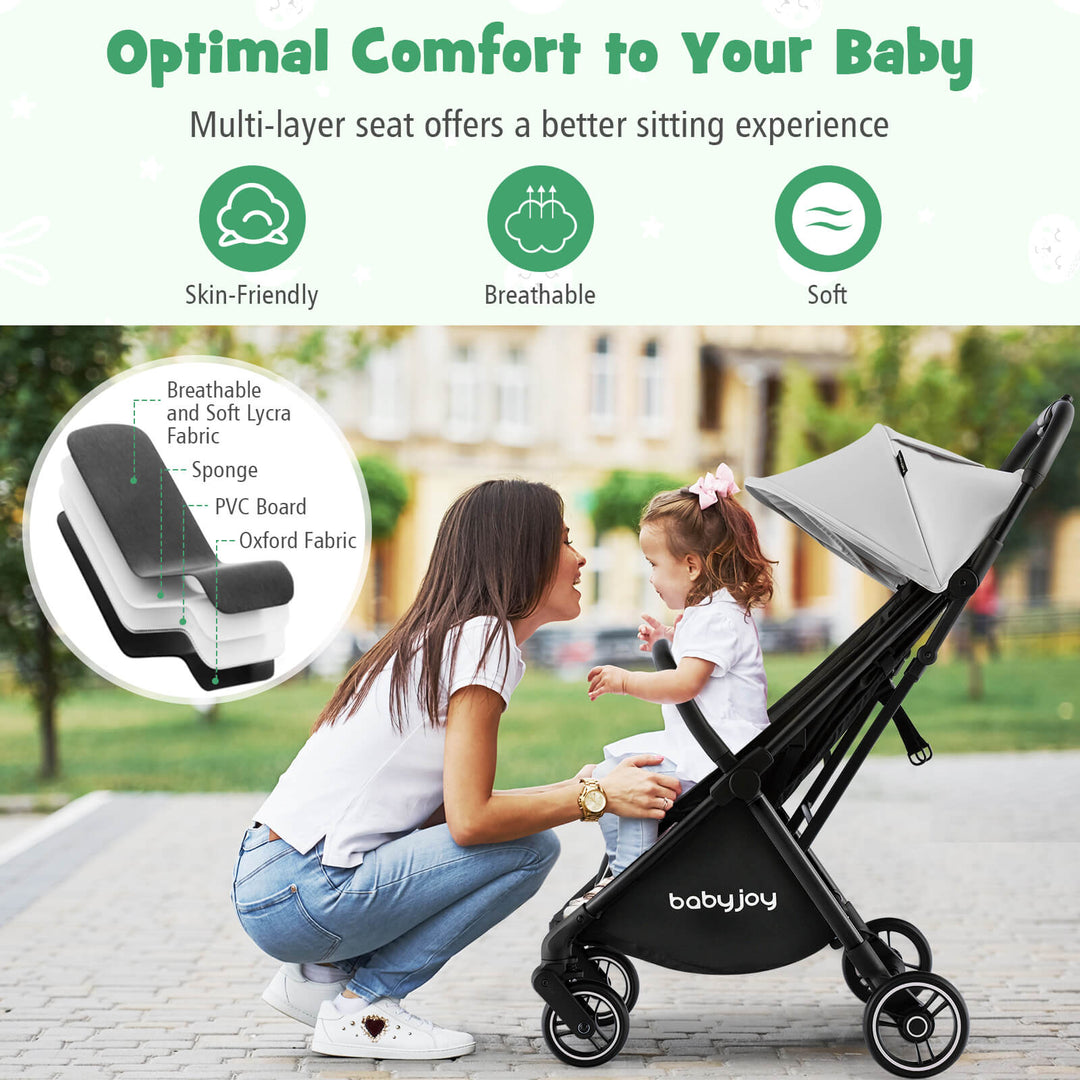 One-Hand Folding Portable Lightweight Baby Stroller with Aluminum Frame-Gray