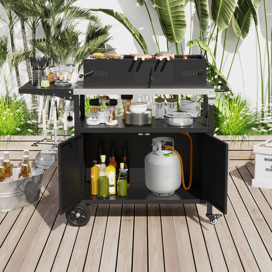 Outdoor Grill Cart with Storage and Folding Stainless Steel Top-Black