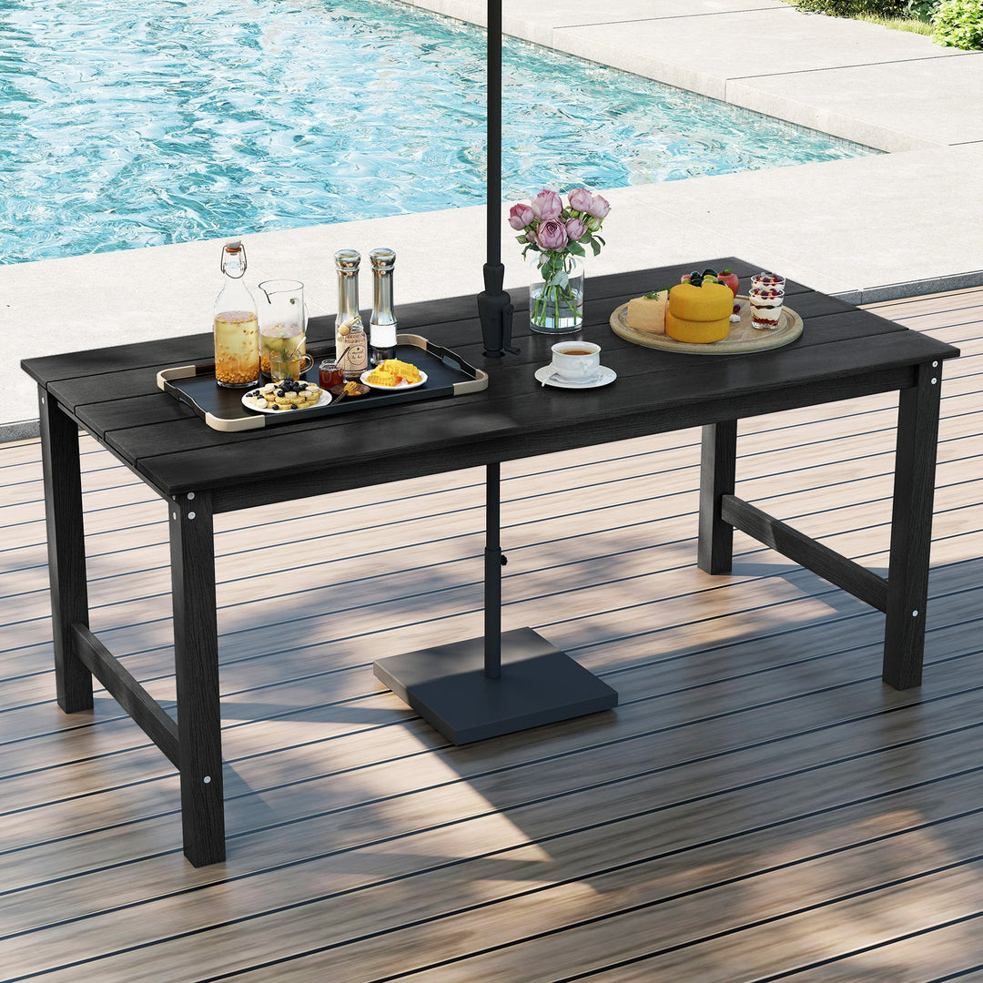 HDPE Outdoor Dining Table for 6 Person with Wood-Like Tabletop and Umbrella Hole