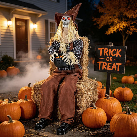 Halloween Animatronic Sitting Scarecrow with Candy Bowl