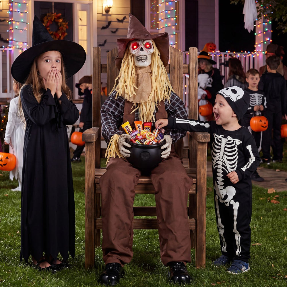 Halloween Animatronic Sitting Scarecrow with Candy Bowl