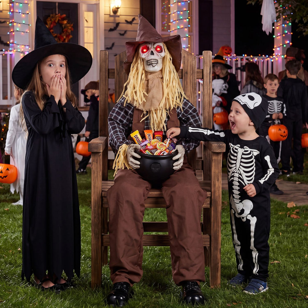 Halloween Animatronic Sitting Scarecrow with Candy Bowl