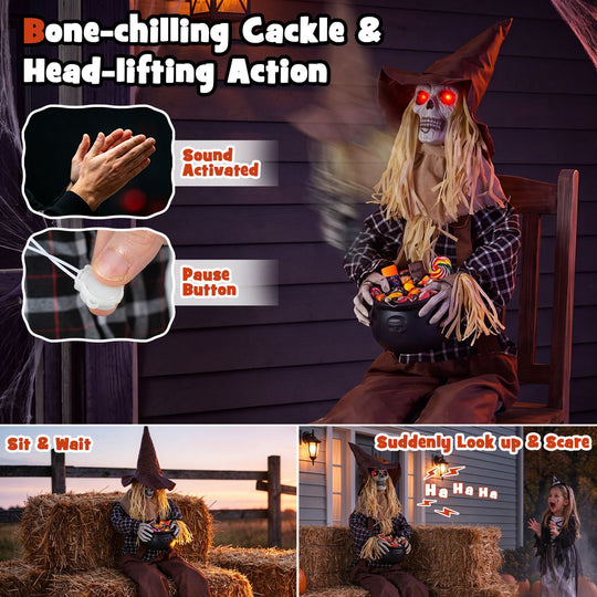 Halloween Animatronic Sitting Scarecrow with Candy Bowl